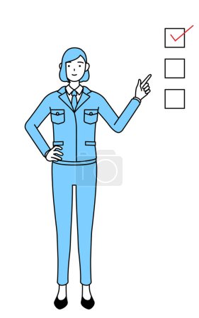 Illustration for Simple line drawing illustration of a woman in work wear pointing to a checklist. - Royalty Free Image