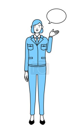 Téléchargez les illustrations : Illustration simple d'une femme en tenue de travail donnant des directions, avec un wipeout. - en licence libre de droit