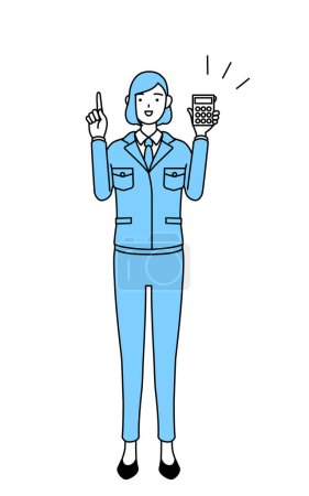 Dibujo de línea simple ilustración de una mujer en ropa de trabajo sosteniendo una calculadora y señalando.
