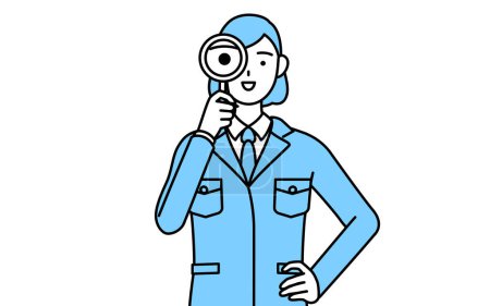 Téléchargez les illustrations : Illustration simple d'une femme en tenue de travail regardant à travers des loupes - en licence libre de droit