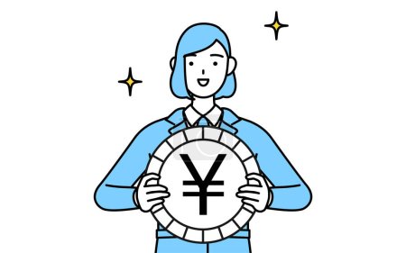 Téléchargez les illustrations : Illustration schématique simple d'une femme en tenue de travail, image des gains de change et appréciation du yen - en licence libre de droit