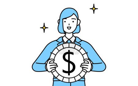 Illustration for Simple line drawing illustration of a woman in work wear, with images of foreign exchange gains and dollar appreciation. - Royalty Free Image