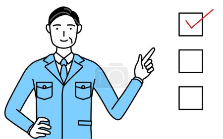 Management, Manager, Werksleiter, ein Mann in Arbeitskleidung zeigt auf eine Checkliste.