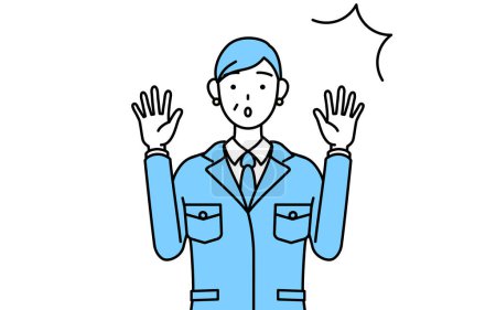 Illustration for Management, managers, plant manager, a senior woman in work wear raising his hand in surprise. - Royalty Free Image
