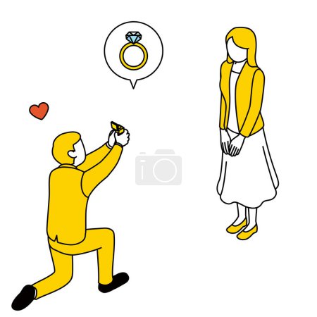Illustration for Man gets down on one knee and proposes to a woman, giving her a ring. - Royalty Free Image
