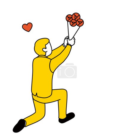 Illustration for Man proposing on one knee, presenting with a bouquet of roses. - Royalty Free Image