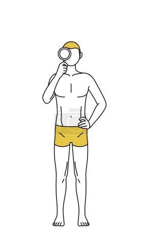 Téléchargez les illustrations : Épilation et l'image esthétique des hommes, Un homme en sous-vêtements regardant à travers des loupes - en licence libre de droit