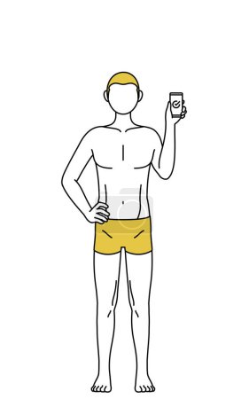 Téléchargez les illustrations : Épilation et esthétique masculine, Un homme en sous-vêtements à l'aide d'un smartphone au travail. - en licence libre de droit
