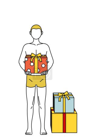 Téléchargez les illustrations : Épilation et esthétique homme image, Un homme en sous-vêtements tenant une boîte de cadeaux. - en licence libre de droit