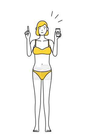 Illustration for Hair removal and Esthetics Salon image, A woman in underwear taking security measures for her phone. - Royalty Free Image