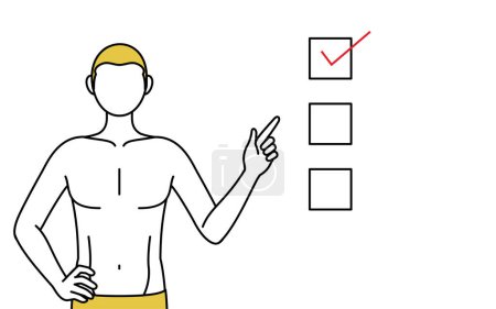 Téléchargez les illustrations : Épilation et esthétique masculine image, Un homme en sous-vêtements pointant vers une liste de contrôle. - en licence libre de droit