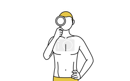 Téléchargez les illustrations : Épilation et l'image esthétique des hommes, Un homme en sous-vêtements regardant à travers des loupes - en licence libre de droit