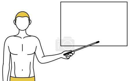 Téléchargez les illustrations : Épilation et esthétique masculine image, Un homme en sous-vêtements pointant vers un tableau blanc avec un bâton indicateur. - en licence libre de droit