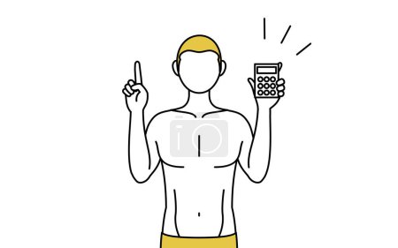 Téléchargez les illustrations : Epilation et Esthétique Homme image, Un homme en sous-vêtements tenant une calculatrice et pointant. - en licence libre de droit
