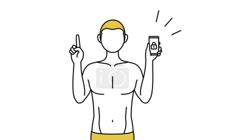 Téléchargez les illustrations : Épilation et esthétique masculine, Un homme en sous-vêtements prend des mesures de sécurité pour son téléphone. - en licence libre de droit