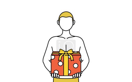 Téléchargez les illustrations : Épilation et esthétique homme image, Un homme en sous-vêtements tenant une boîte de cadeaux. - en licence libre de droit