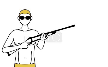 Téléchargez les illustrations : Épilation et esthétique masculine, Un homme en sous-vêtements portant des lunettes de soleil et tenant un fusil. - en licence libre de droit