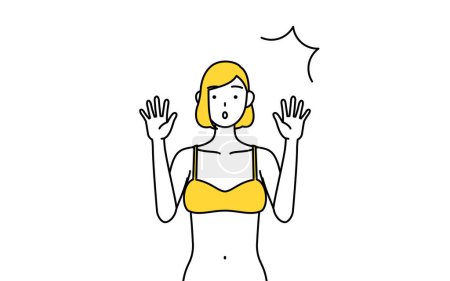 Téléchargez les illustrations : Épilation et Esthétique Salon image, Une femme en sous-vêtements levant la main dans la surprise. - en licence libre de droit