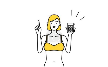 Téléchargez les illustrations : Épilation et Esthétique Salon image, Une femme en sous-vêtements tenant une calculatrice et pointant. - en licence libre de droit