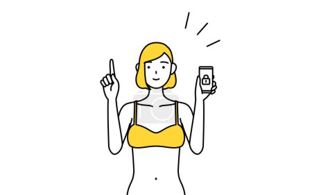 Téléchargez les illustrations : Épilation et Esthétique Salon image, Une femme en sous-vêtements prendre des mesures de sécurité pour son téléphone. - en licence libre de droit