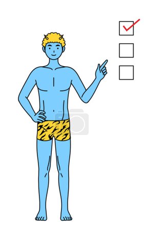 Illustration for Traditional Japanese event, Setsubun at February, A Blue ogre man wearing tiger print pants pointing to a checklist. - Royalty Free Image