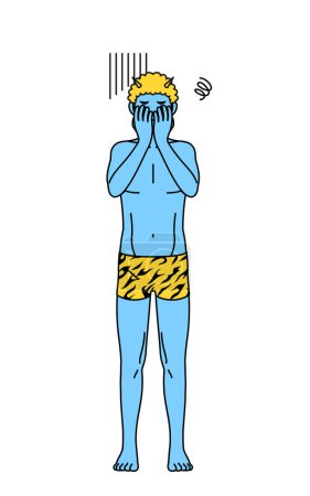 Illustration for Traditional Japanese event, Setsubun at February, A Blue ogre man wearing tiger print pants covering his face in depression. - Royalty Free Image