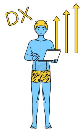 Illustration for Image of DXing,Traditional Japanese event, Setsubun at February, A Blue ogre man wearing tiger print pants who has successfully improved his business - Royalty Free Image