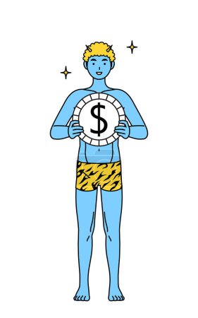 Illustration for Traditional Japanese event, Setsubun at February, A Blue ogre man wearing tiger print pants, with images of foreign exchange gains and dollar appreciation. - Royalty Free Image