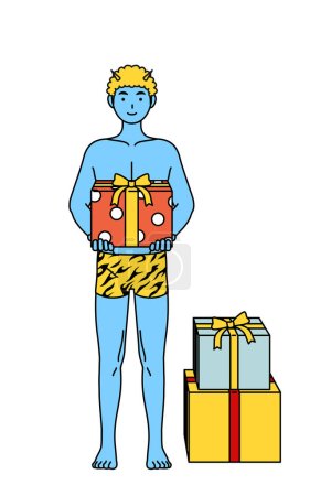 Illustration for Traditional Japanese event, Setsubun at February, A Blue ogre man wearing tiger print pants holding a box of gifts. - Royalty Free Image