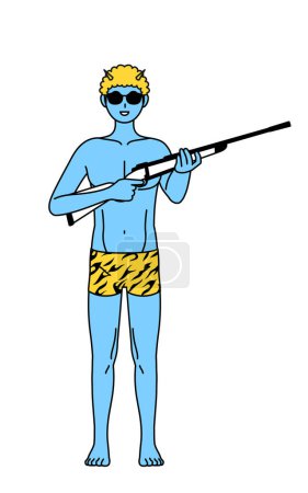 Illustration for Traditional Japanese event, Setsubun at February, A Blue ogre man wearing tiger print pants wearing sunglasses and holding a rifle. - Royalty Free Image