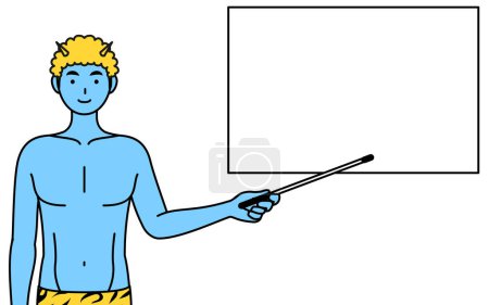 Illustration for Traditional Japanese event, Setsubun at February, A Blue ogre man wearing tiger print pants pointing at a whiteboard with an indicator stick. - Royalty Free Image