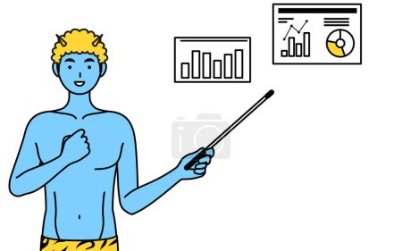 Illustration for Traditional Japanese event, Setsubun at February, A Blue ogre man wearing tiger print pants analyzing a performance graph, an image of DXing. - Royalty Free Image