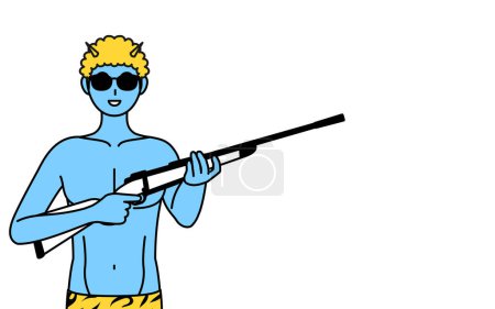 Illustration for Traditional Japanese event, Setsubun at February, A Blue ogre man wearing tiger print pants wearing sunglasses and holding a rifle. - Royalty Free Image