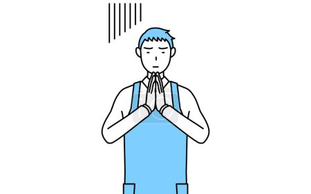 Illustration for A man in an apron apologizing with his hands in front of his body. - Royalty Free Image