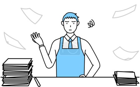 Illustration for A man in an apron who is fed up with his unorganized business. - Royalty Free Image