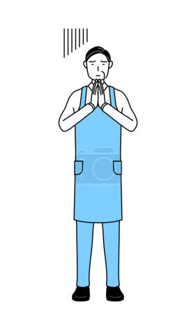 Illustration for A senior man in an apron apologizing with his hands in front of his body. - Royalty Free Image