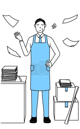Illustration for A senior man in an apron who is fed up with his unorganized business. - Royalty Free Image
