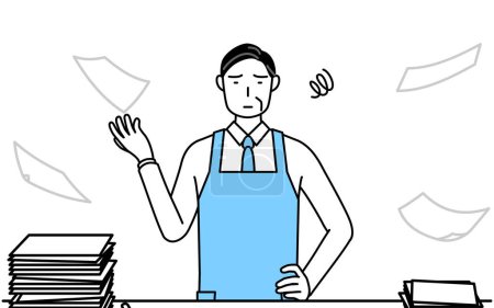 Illustration for A senior man in an apron who is fed up with his unorganized business. - Royalty Free Image