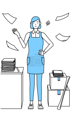 Illustration for A woman in an apron who is fed up with his unorganized business. - Royalty Free Image