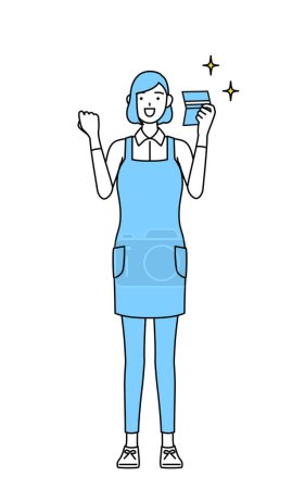 Illustration for A woman in an apron who is pleased to see a bankbook. - Royalty Free Image
