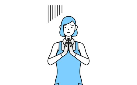 Illustration for A woman in an apron apologizing with his hands in front of his body. - Royalty Free Image