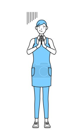 Illustration for A senior woman in an apron apologizing with his hands in front of his body. - Royalty Free Image