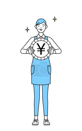 Illustration for A senior woman in an apron, an image of foreign exchange gains and yen appreciation - Royalty Free Image