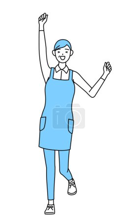Téléchargez les illustrations : A senior woman in an apron smiling and jumping. - en licence libre de droit