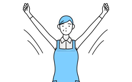Téléchargez les illustrations : A senior woman in an apron doing radio calisthenics, preparation for accident prevention - en licence libre de droit