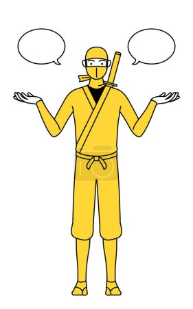 Téléchargez les illustrations : A man dressed up as a ninja with wipeout and comparison. - en licence libre de droit