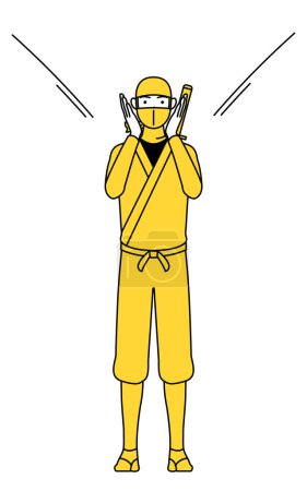 Téléchargez les illustrations : A man dressed up as a ninja calling out with his hand over his mouth. - en licence libre de droit
