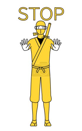 Téléchargez les illustrations : A man dressed up as a ninja with his hand out in front of his body, signaling a stop. - en licence libre de droit