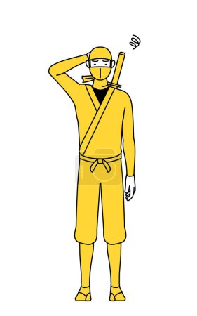 Téléchargez les illustrations : A man dressed up as a ninja scratching his head in distress. - en licence libre de droit