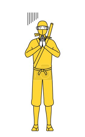 Illustration for A man dressed up as a ninja apologizing with his hands in front of his body. - Royalty Free Image